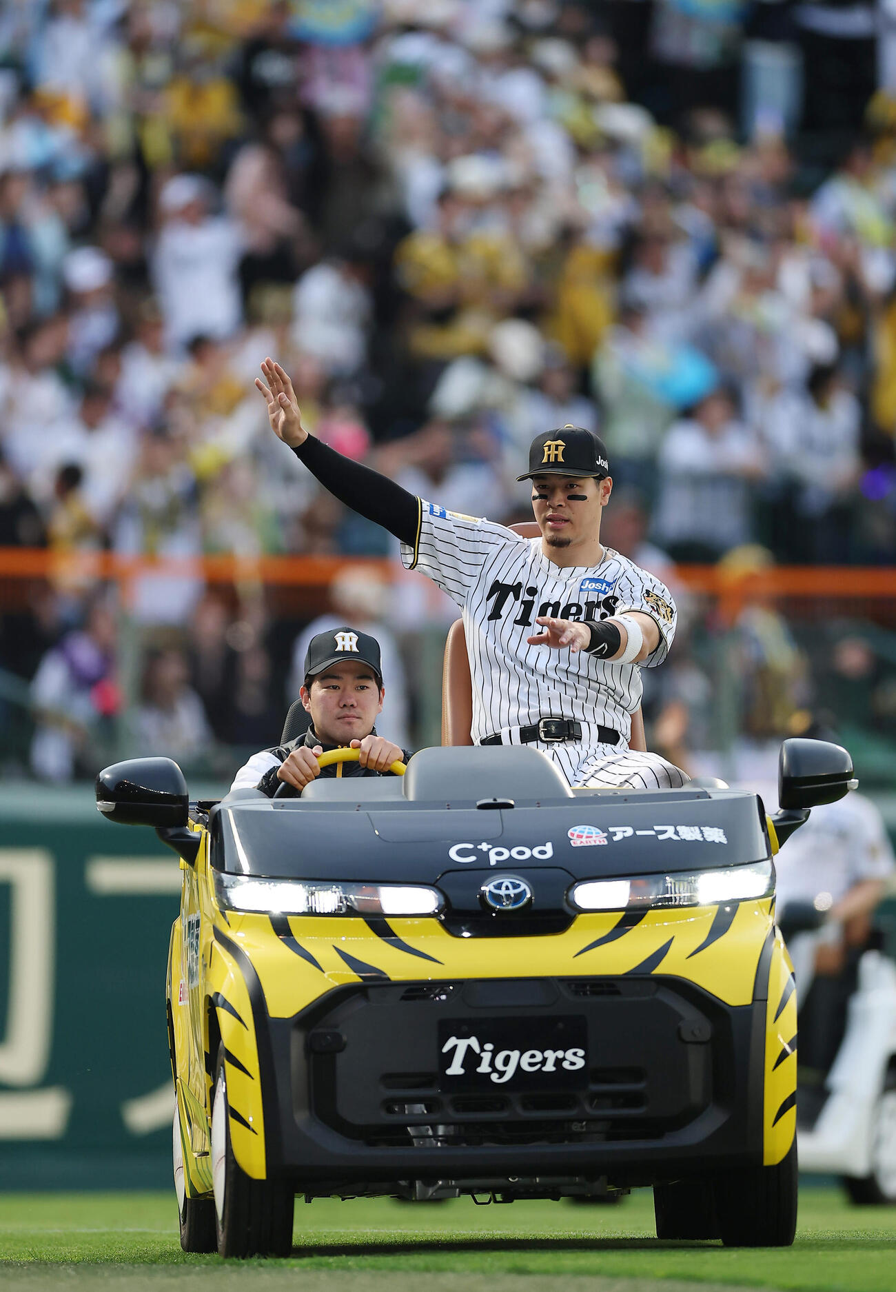 阪神対中日　中日に勝利しスタンドのファンに手を振る阪神佐藤（撮影・前田充）