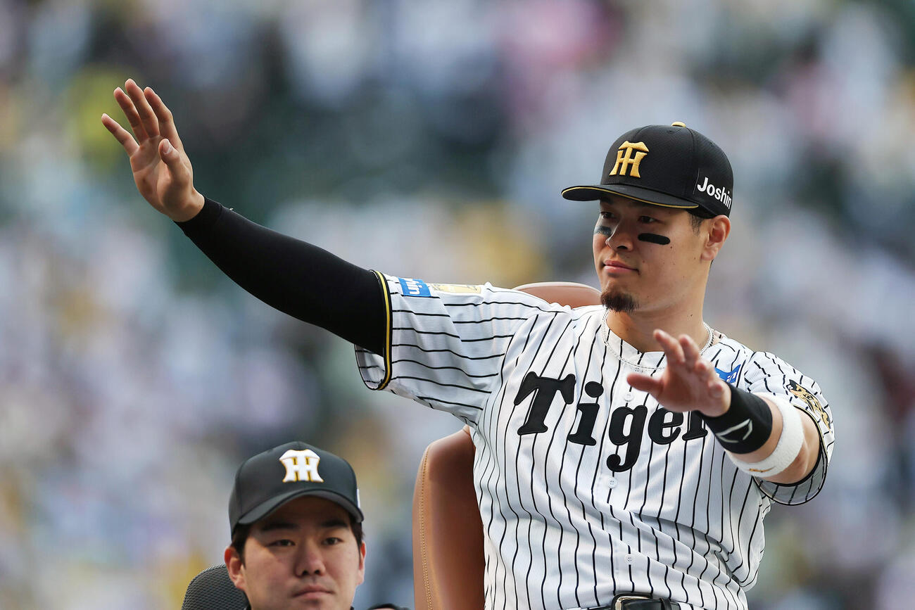 阪神対中日　中日に勝利しスタンドのファンに手を振る阪神佐藤（撮影・前田充）