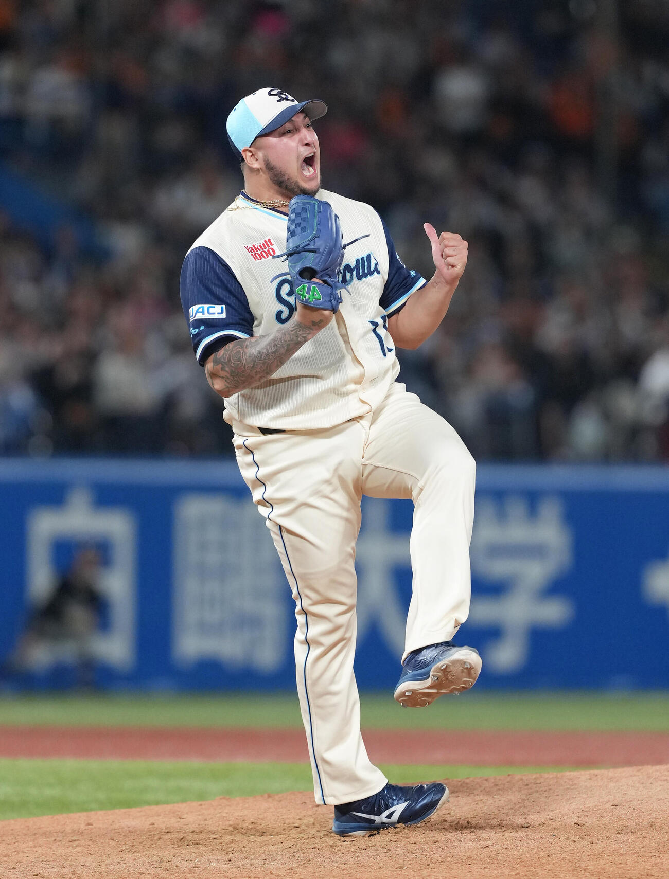 ヤクルト対巨人　NPB初登板から8試合連続セーブを挙げ雄たけびを上げるヤクルトのキハダ（撮影・足立雅史）