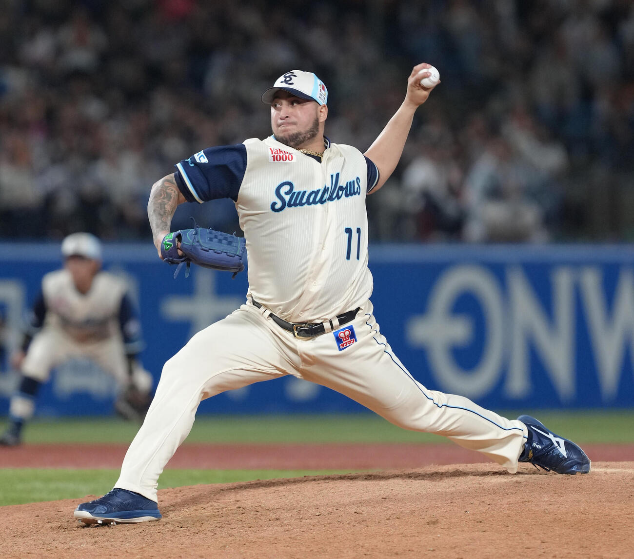 ヤクルト対巨人　NPB初登板から8試合連続セーブを挙げたヤクルトのキハダ（撮影・足立雅史）