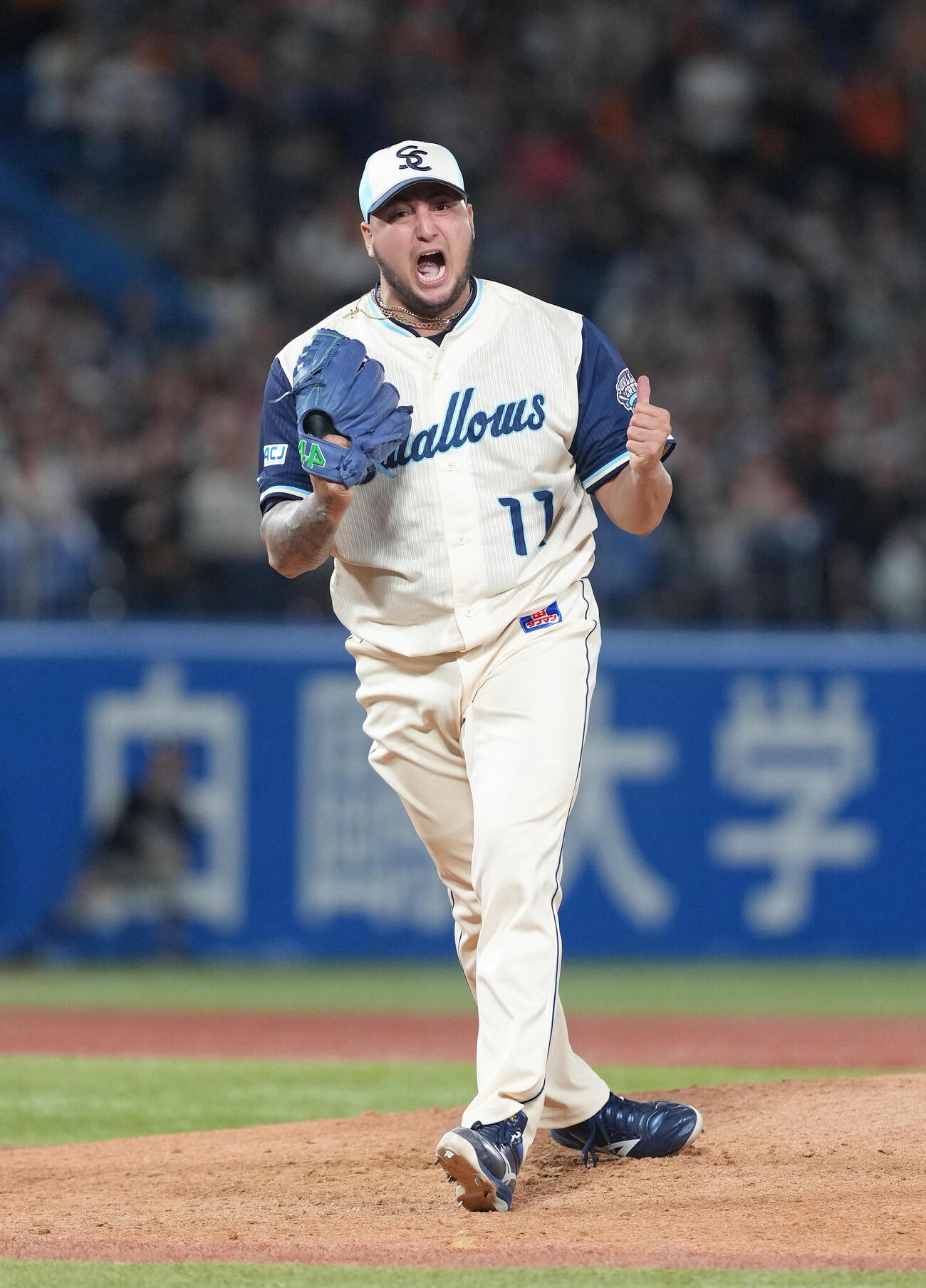 ヤクルト対巨人　NPB初登板から8試合連続セーブを挙げ雄たけびを上げるヤクルトのキハダ（撮影・足立雅史）