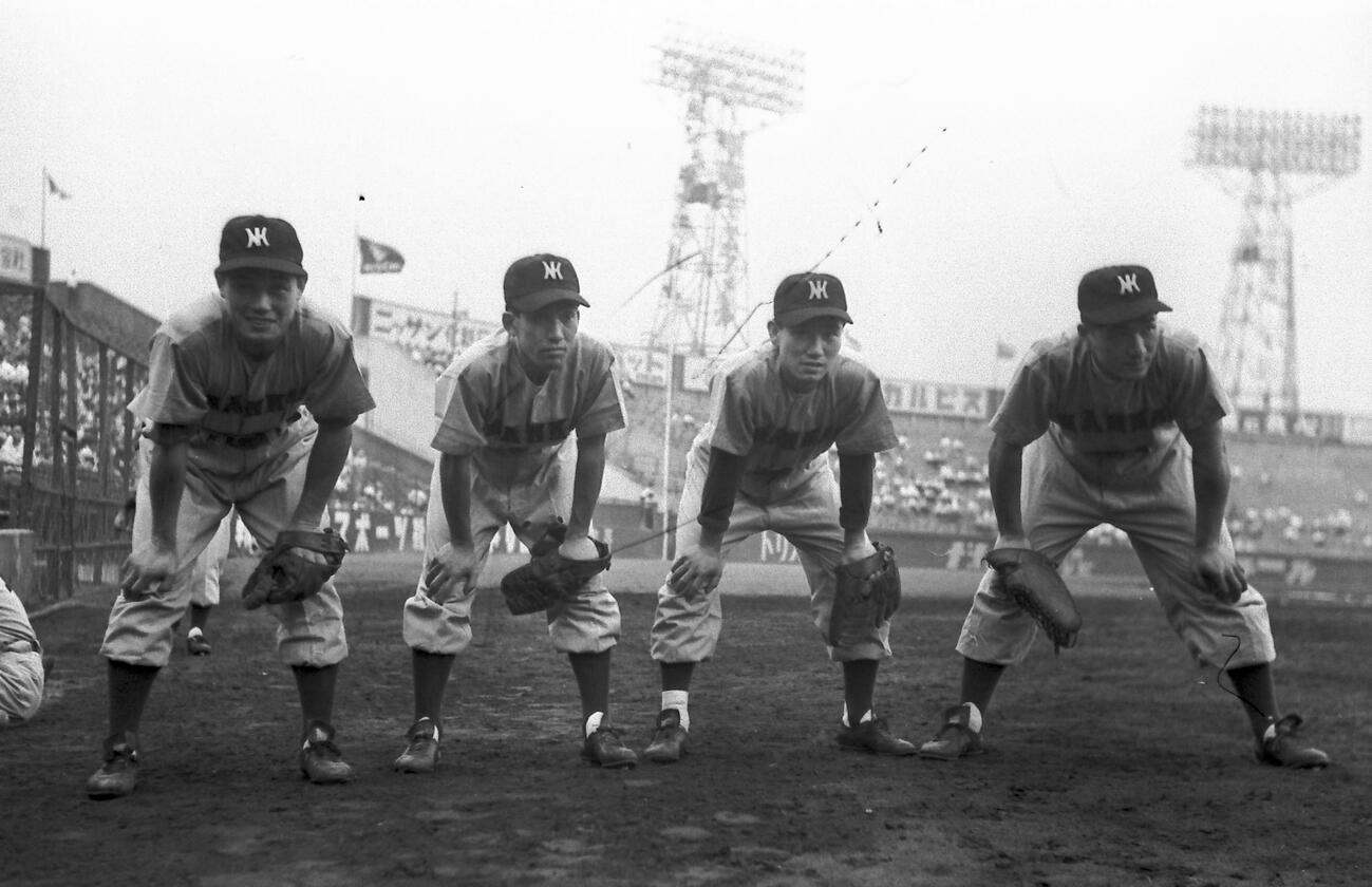 1956年南海ホークス内野陣、左から森下正夫、木塚忠助、岡本伊三美、長谷川繁雄