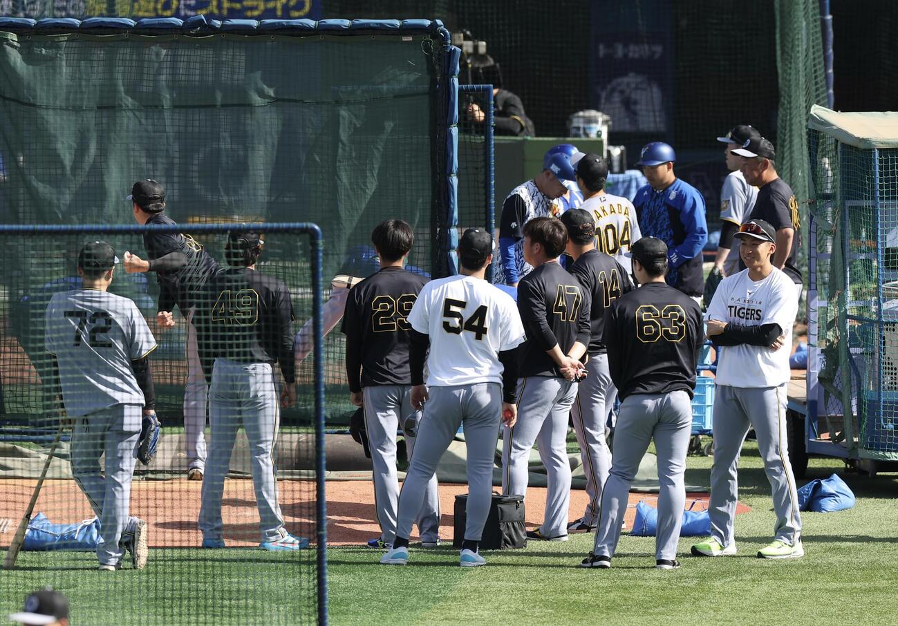 DeNA対阪神　試合前、マウンドを確かめる阪神茨木秀俊（右）ら投手陣