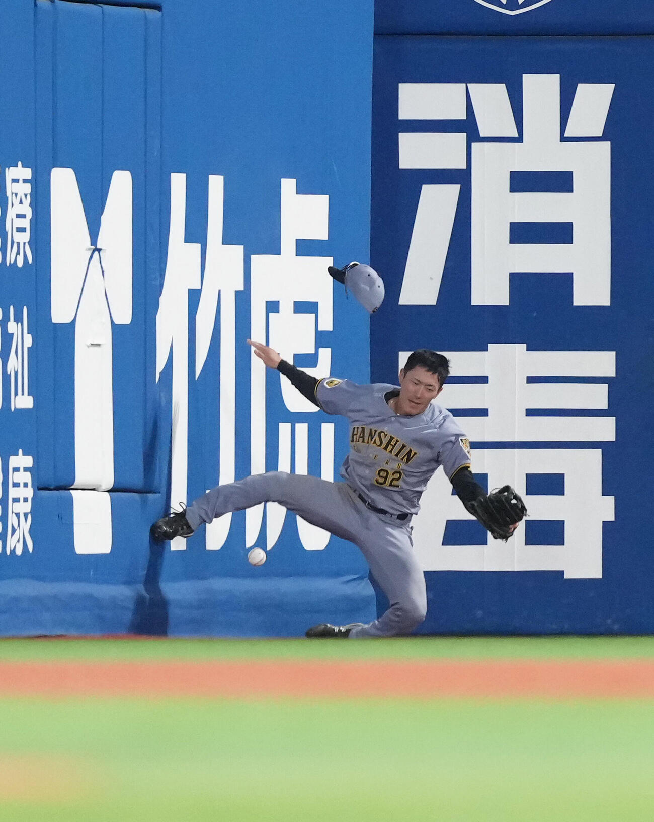 DeNA対阪神　3回裏DeNA1死、三森大貴の打球に飛びつくも捕球できずフェンスにぶつかる左翼手福島圭音（撮影・足立雅史）　
