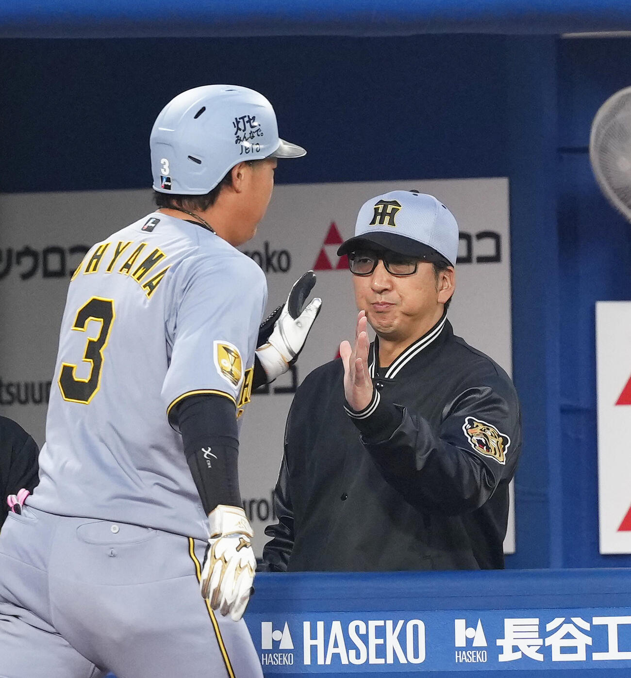 DeNA対阪神　2回表阪神1死、大山悠輔（左）は左越え本塁打を放ち藤川球児監督とタッチを交わす（撮影・足立雅史）