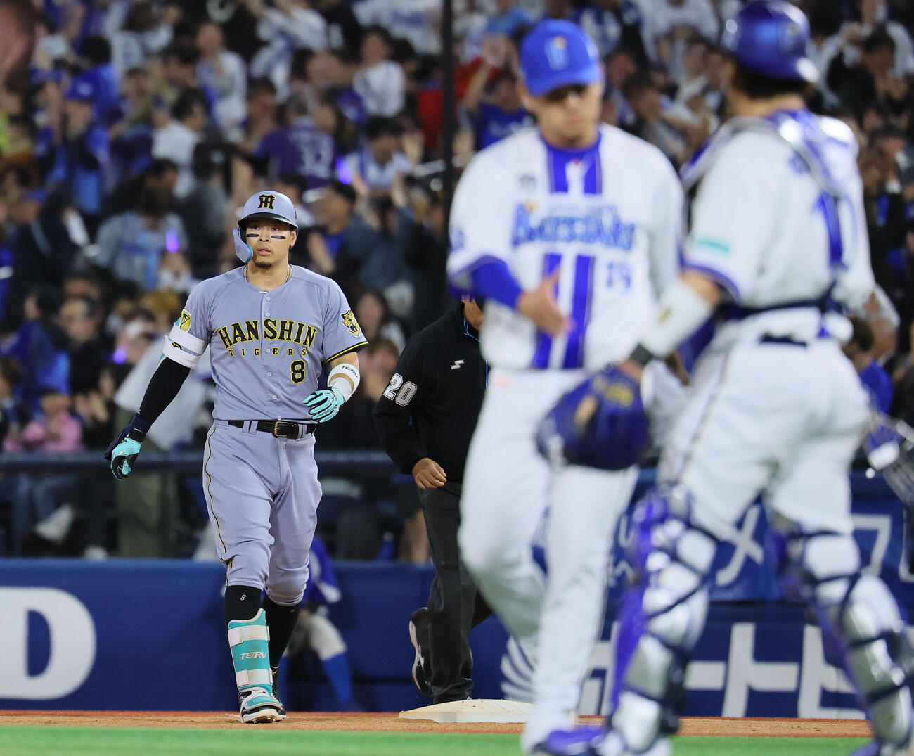 DeNA対阪神　9回表阪神2死一、三塁、二ゴロに倒れ試合終了となりベンチに戻る佐藤輝明。手前は握手を交わすDeNA山崎康晃と戸柱恭孝（撮影・藤尾明華）