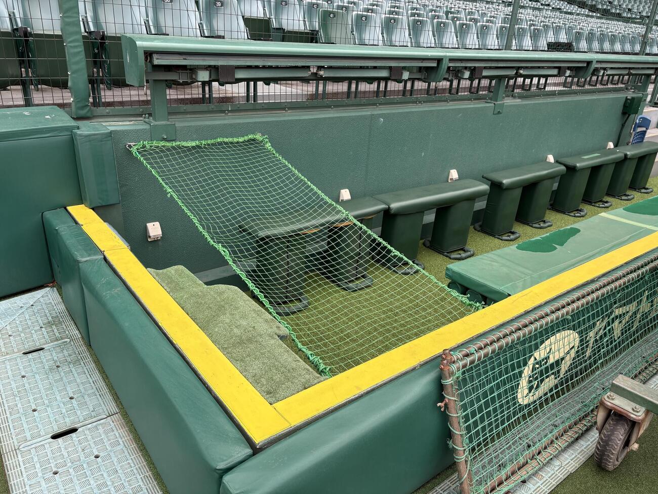 甲子園球場のカメラマン席に設置された落下防止のネット（撮影・前田充）