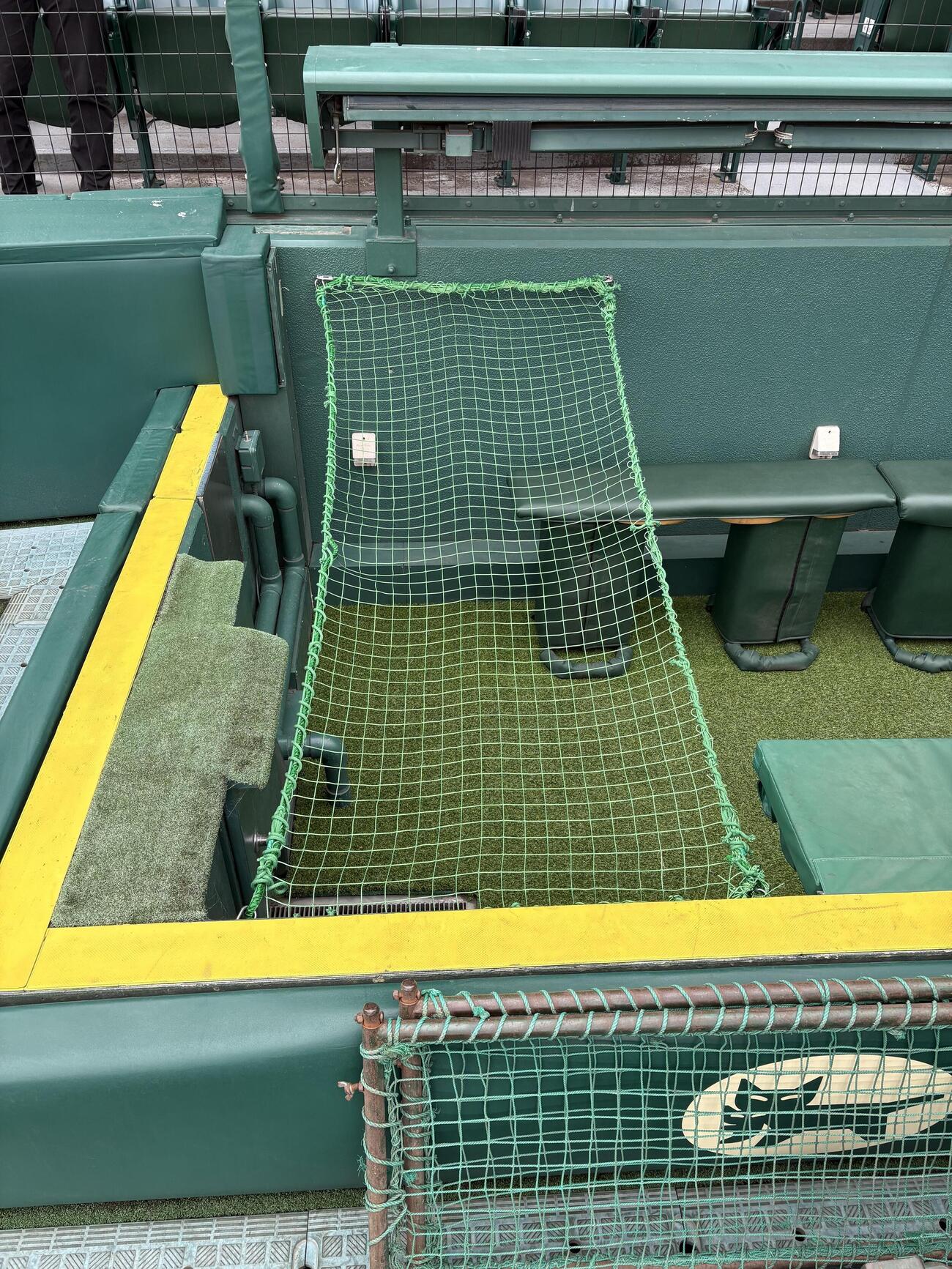 甲子園球場のカメラマン席に設置された落下防止のネット（撮影・前田充）