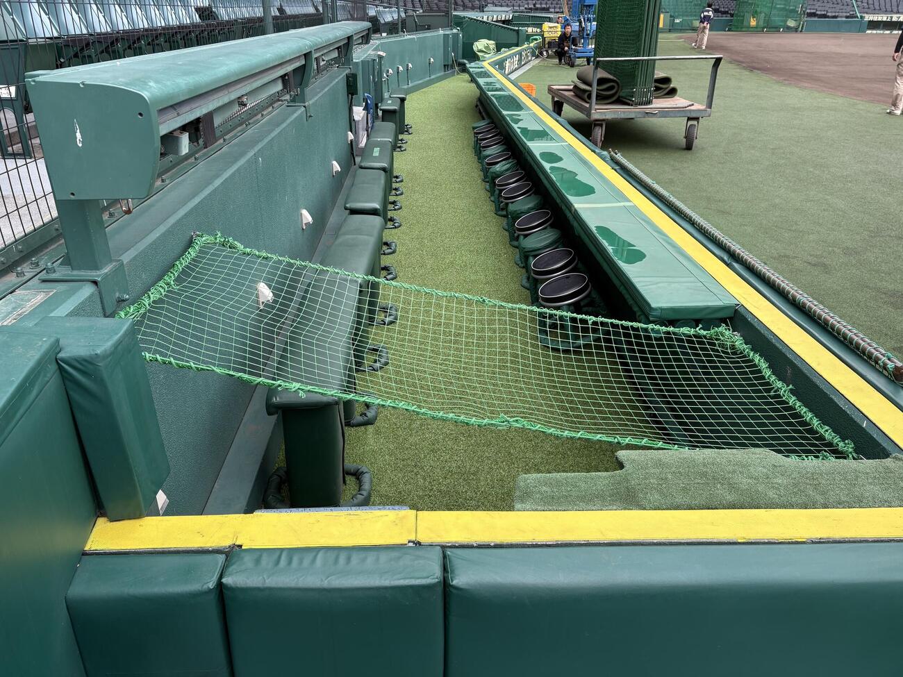 甲子園球場のカメラマン席に設置された落下防止のネット（撮影・前田充）