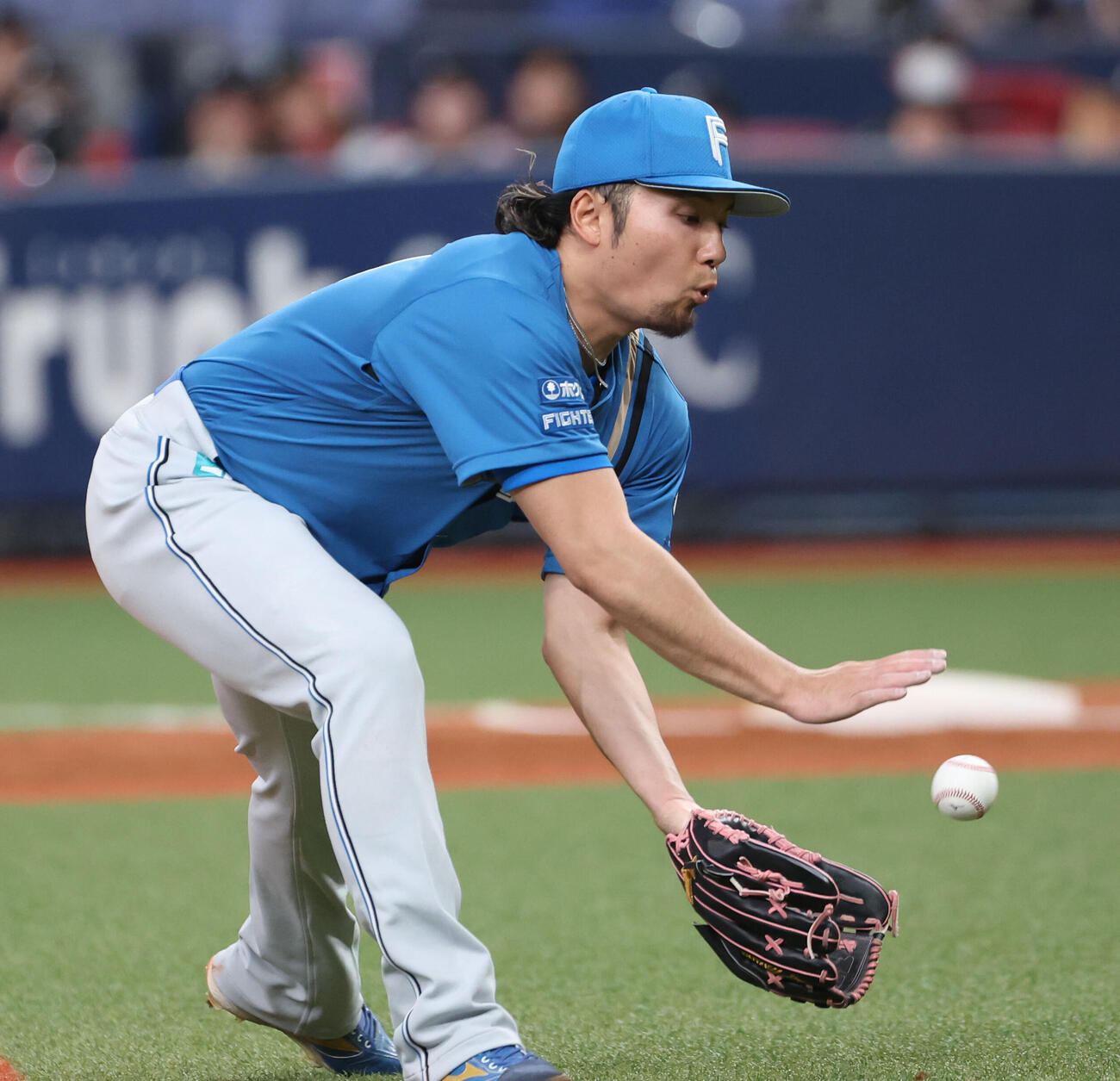 オリックス対日本ハム　3回裏オリックス1死、伊藤大海は西野の打球を処理する（撮影・西尾就之）