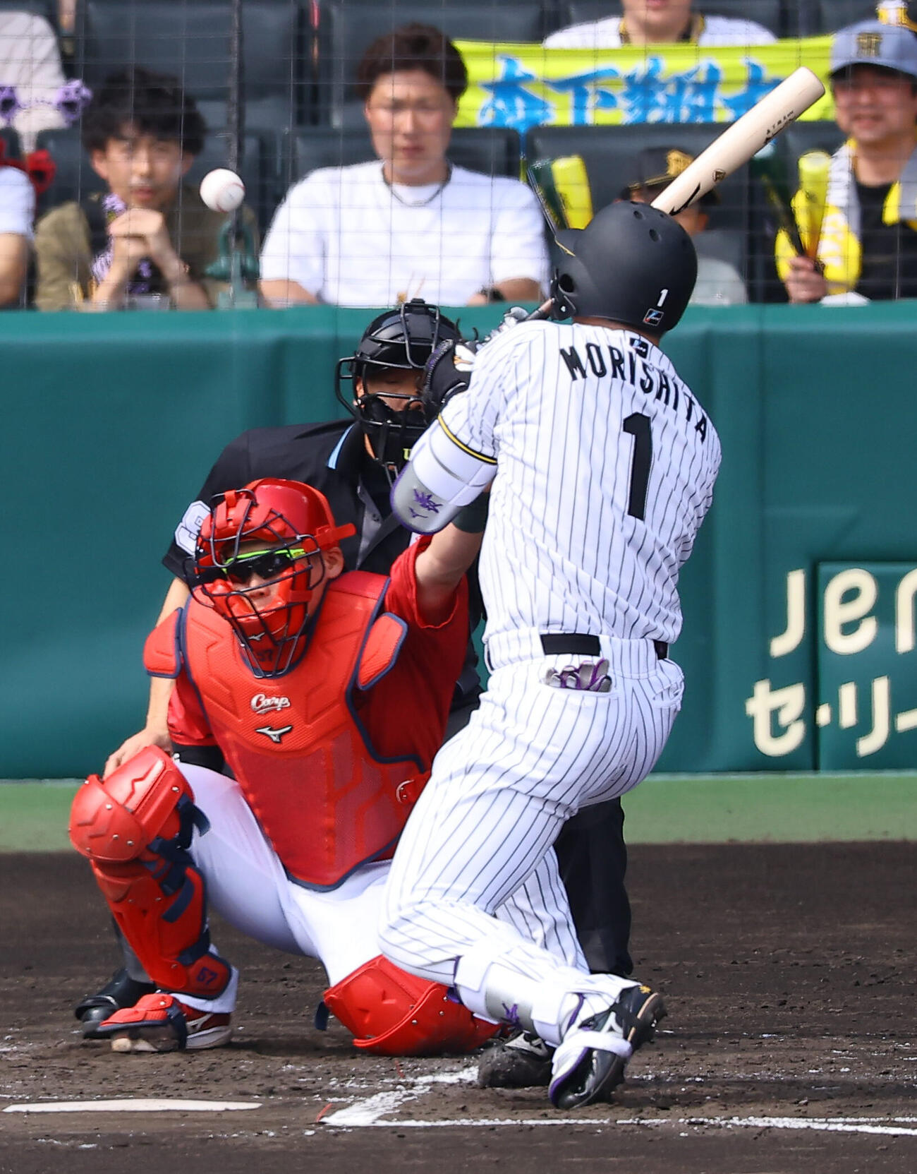 阪神対広島　1回裏阪神無1死二塁、森下翔太は死球を受ける（撮影・上田博志）