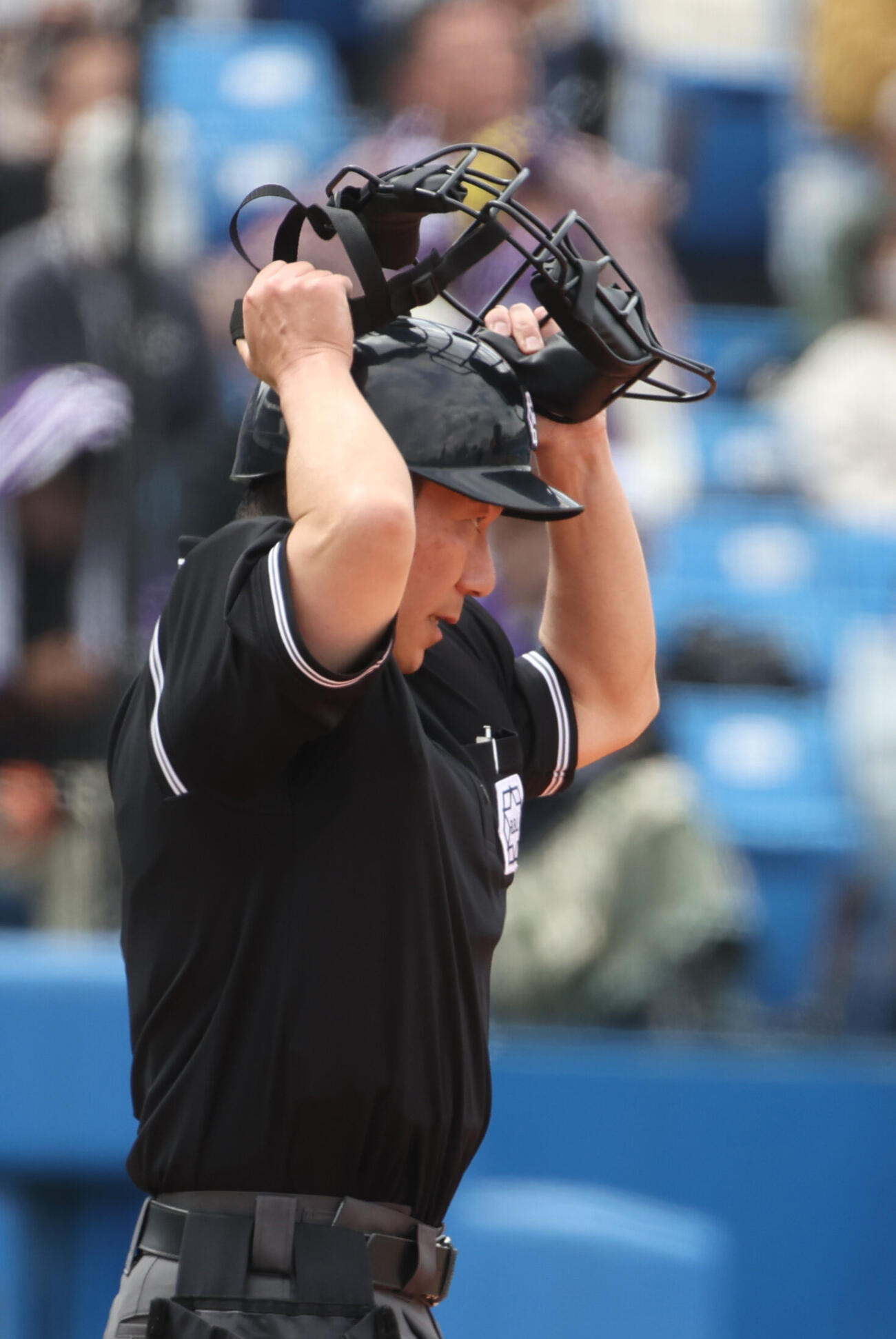 6大学野球　明大対慶大　6大学野球でヘルメット着用した溝内健介球審（撮影・柴田隆二）.