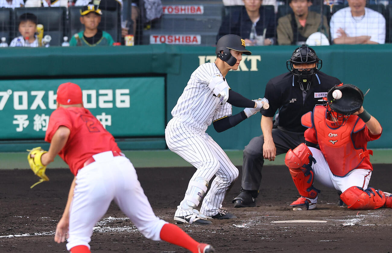 阪神対広島　8回裏阪神2死満塁、小幡竜平は押し出し四球を選ぶ（撮影・上田博志）