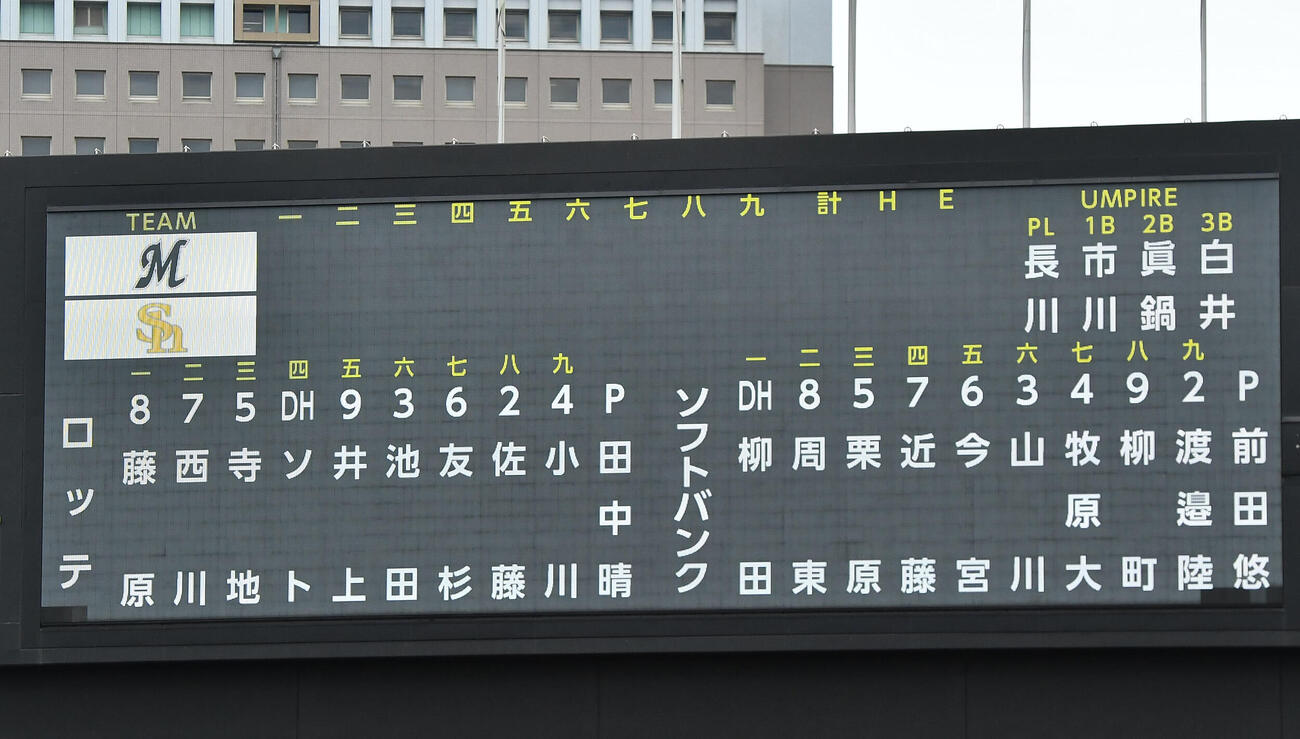 ソフトバンク対ロッテ5回戦の先発メンバー（撮影・岩下翔太）
