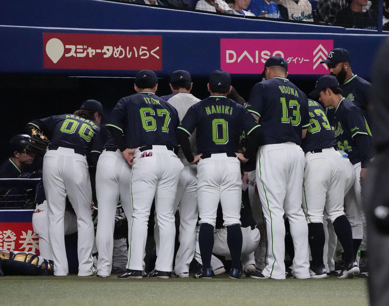 中日対ヤクルト　5回表、開始前に円陣を組むヤクルトナイン（撮影・森本幸一）