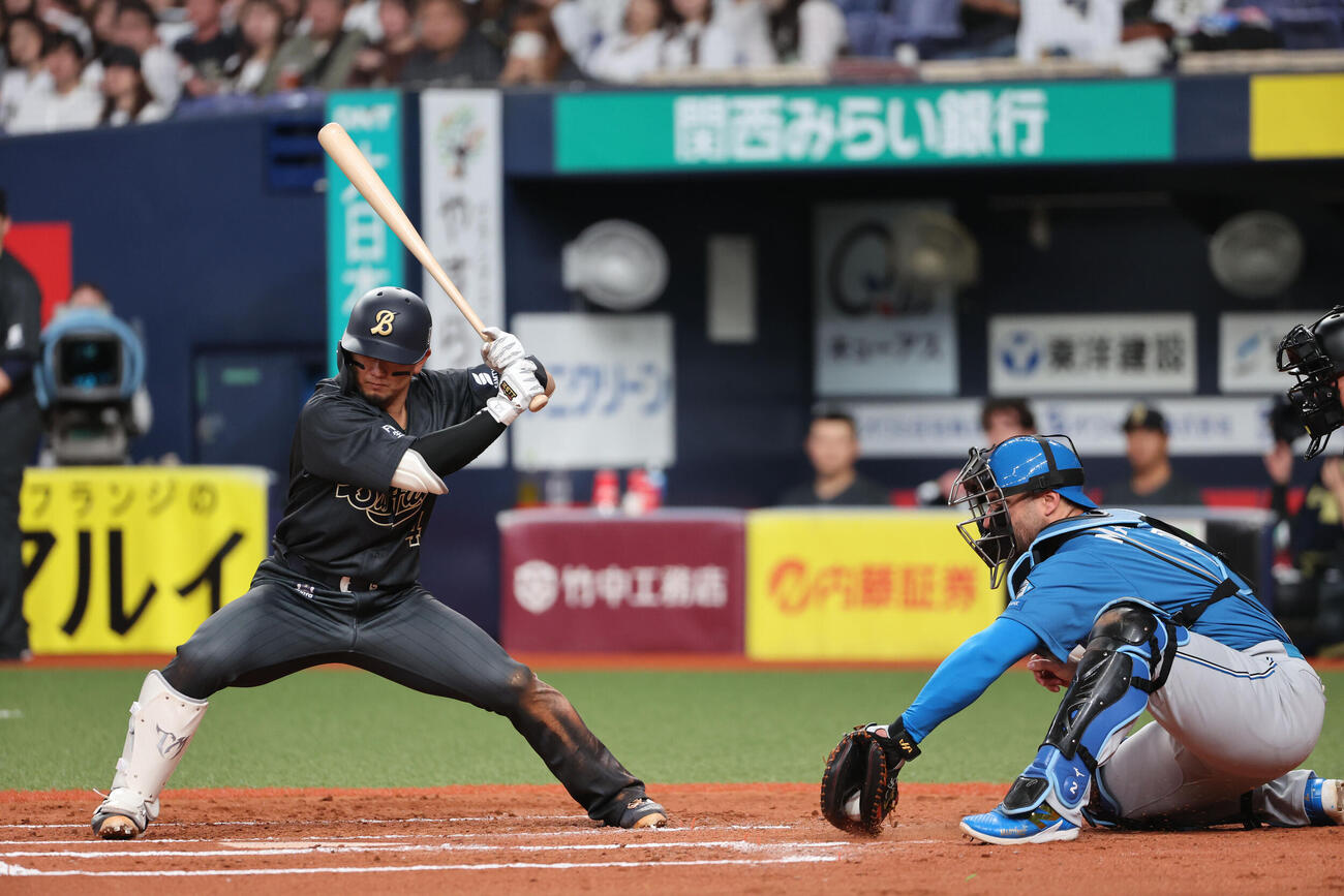 オリックス対日本ハム　7回の守備からマスクをかぶった日本ハムのアリエル・マルティネス。打者森友哉（撮影・西尾就之）