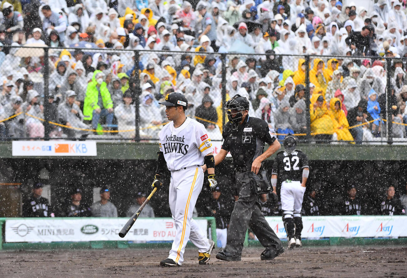 ソフトバンク対ロッテ　2回裏ソフトバンク無死、打席中に雨が強まって中断となり、ベンチへ戻る近藤健介（撮影・岩下翔太）