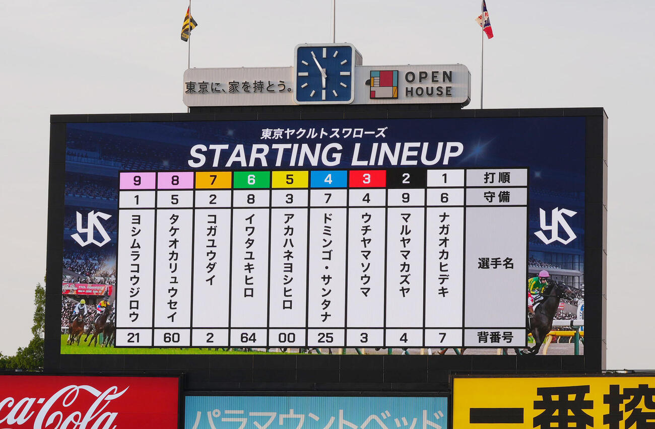 ヤクルト対阪神　競馬の枠順風に紹介されるヤクルトのスタメン　（撮影・足立雅史）
