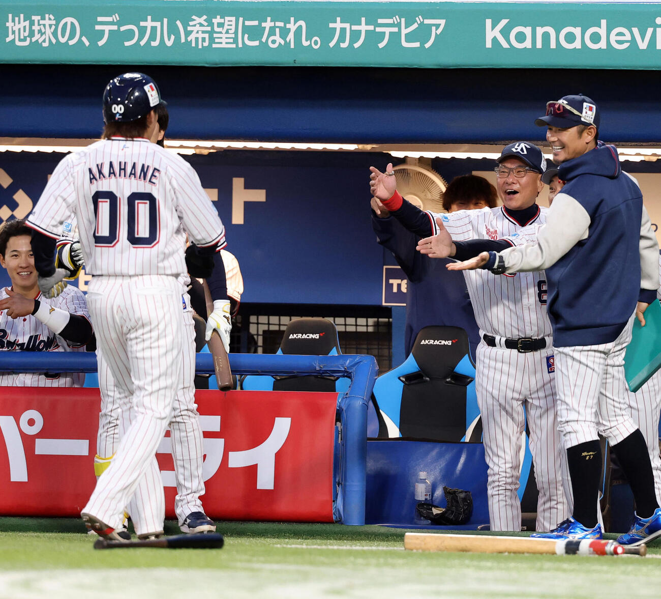 ヤクルト対阪神　2回裏ヤクルト無死一、二塁、古賀優大の先制適時打で生還した赤羽由紘（手前）を笑顔で迎える池山隆寛監督ら（撮影・浅見桂子）　