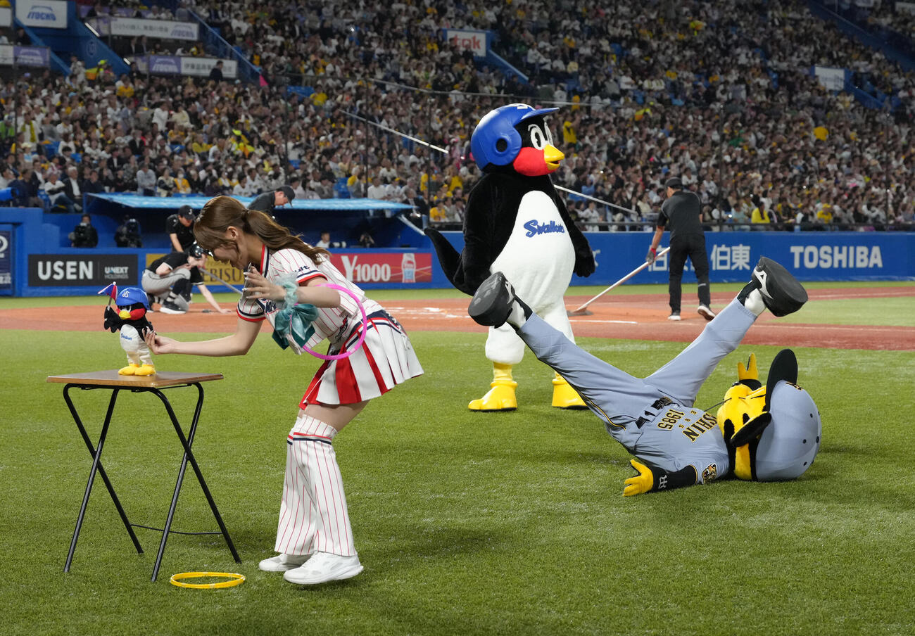 ヤクルト対阪神　イニング間の輪投げを惜しくも外したトラッキー（右）はつば九郎の横で悔しがる（撮影・足立雅史）