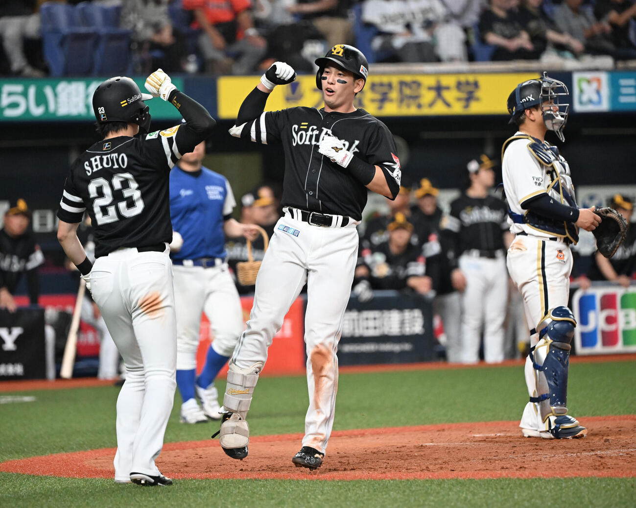 オリックス対ソフトバンク　9回表ソフトバンク1死一、二塁、左越え3点本塁打を放ち周東佑京（左）とエルボータッチで生還する栗原陵矢（撮影・和賀正仁）