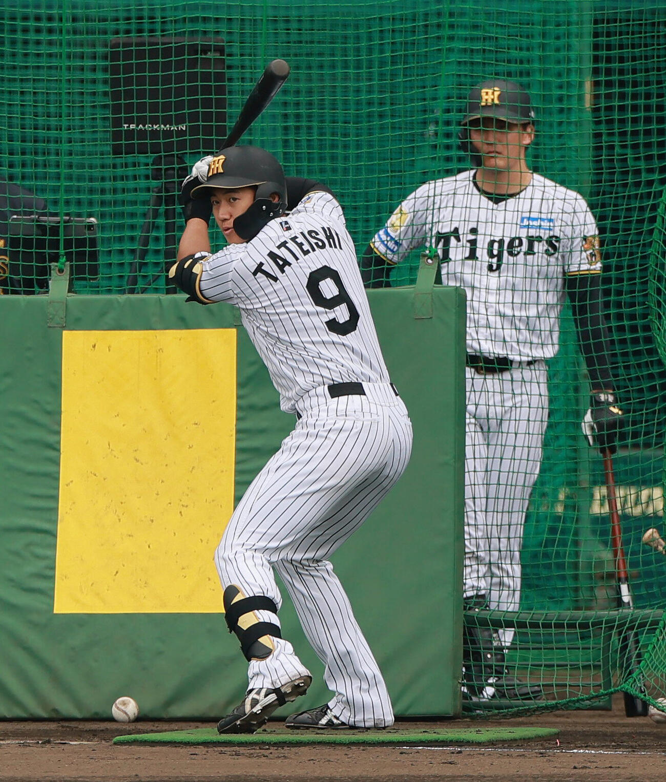 SGLスタジアムでフリー打撃する阪神立石正広。奥は元山飛優（撮影・上山淳一）