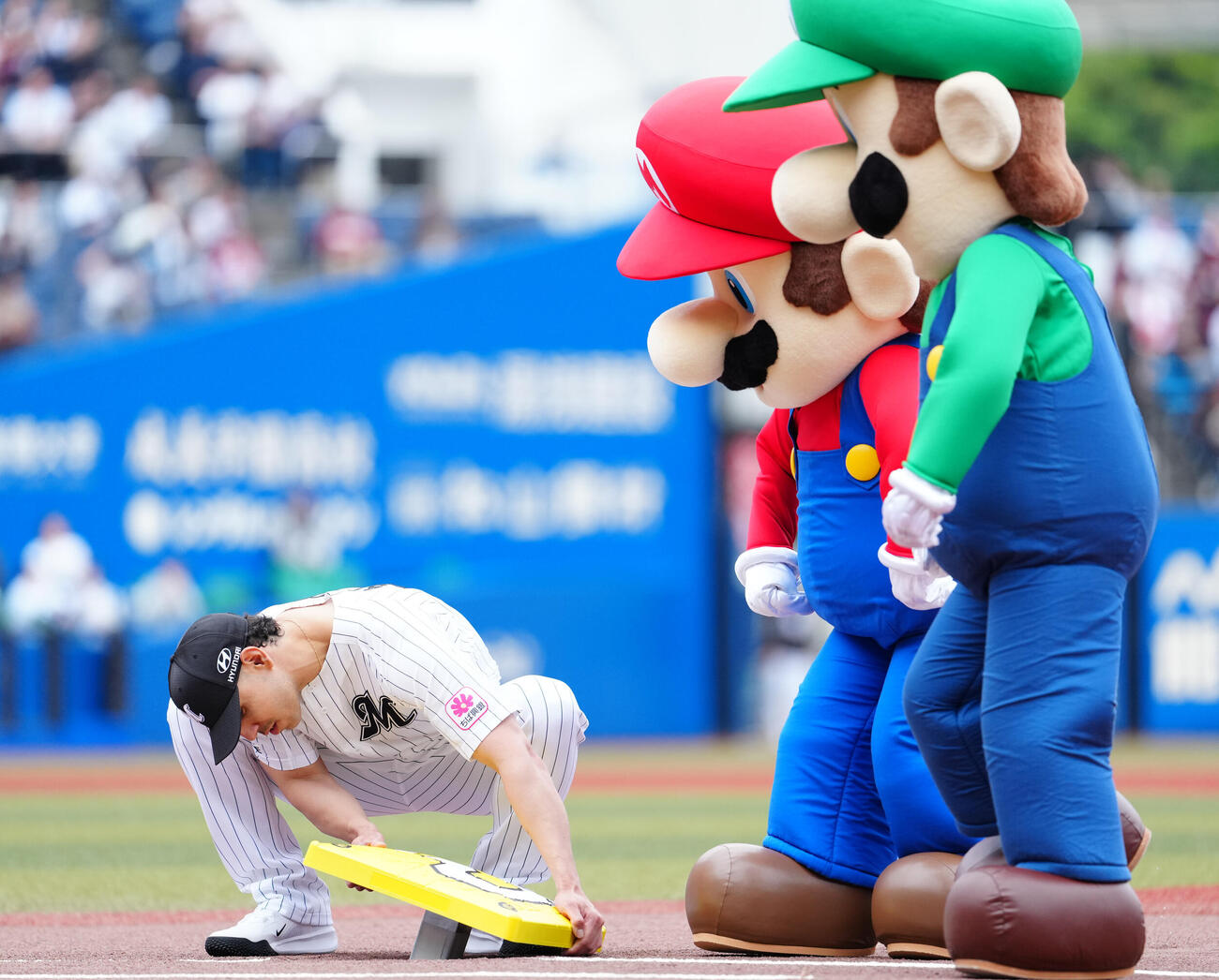 ロッテ対楽天　マリオ（中央）、ルイージ（右）から贈呈されたハテナブロック塁ベースを一塁にはめるロッテ・ネフタリ・ソト（撮影・鈴木みどり）