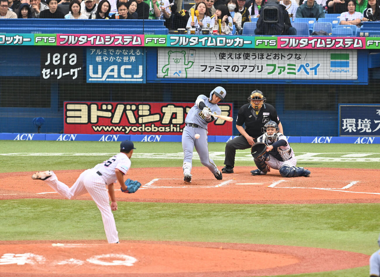 ヤクルト対阪神　6回表阪神2死満塁、小幡竜平は一塁適時内野安打を放つ。投手山野太一（撮影・滝沢徹郎）
