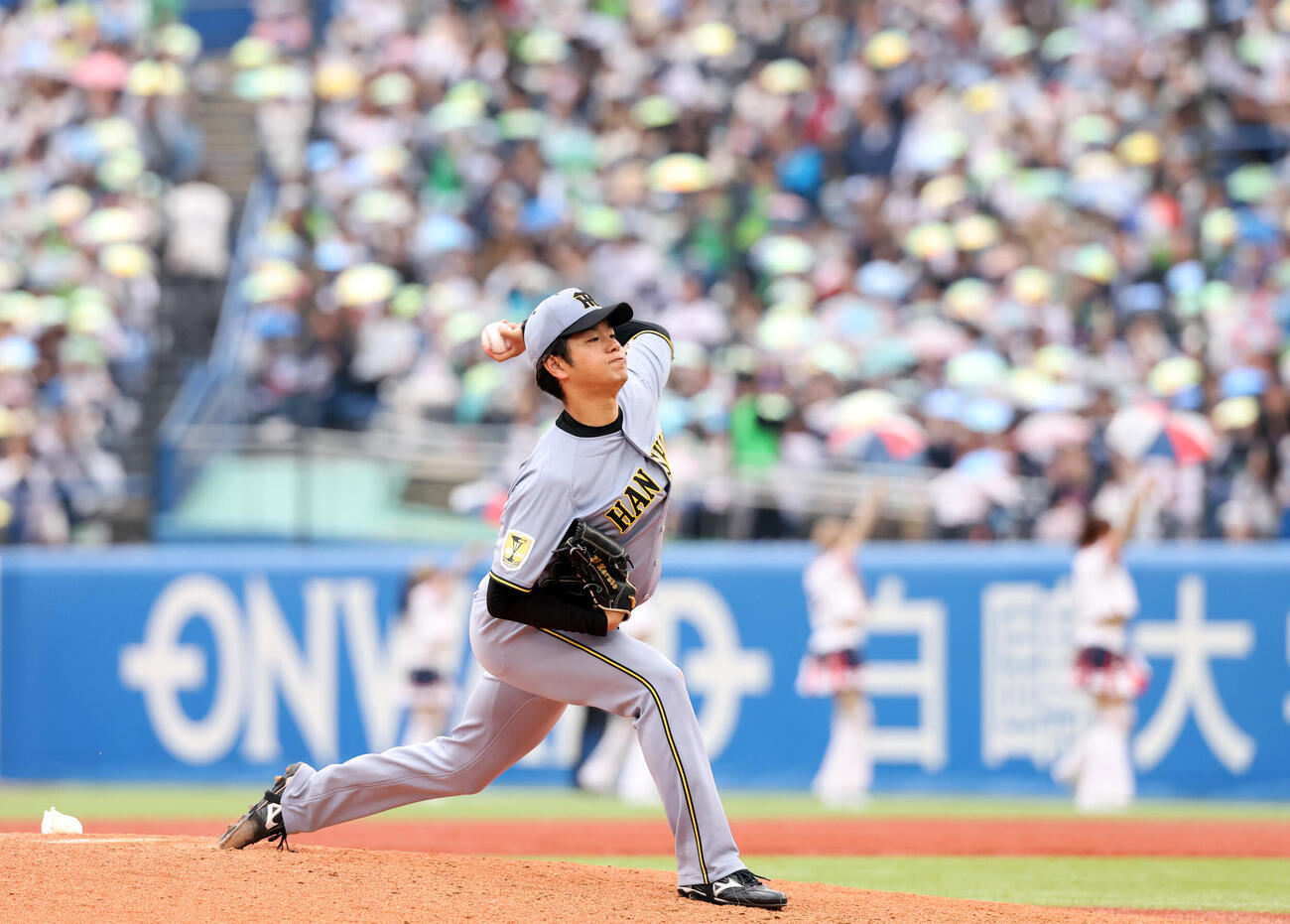 ヤクルト対阪神　7回裏ヤクルトの攻撃前、神宮球場のファンの傘が揺れる中、投球練習する高橋遥人（撮影・浅見桂子）