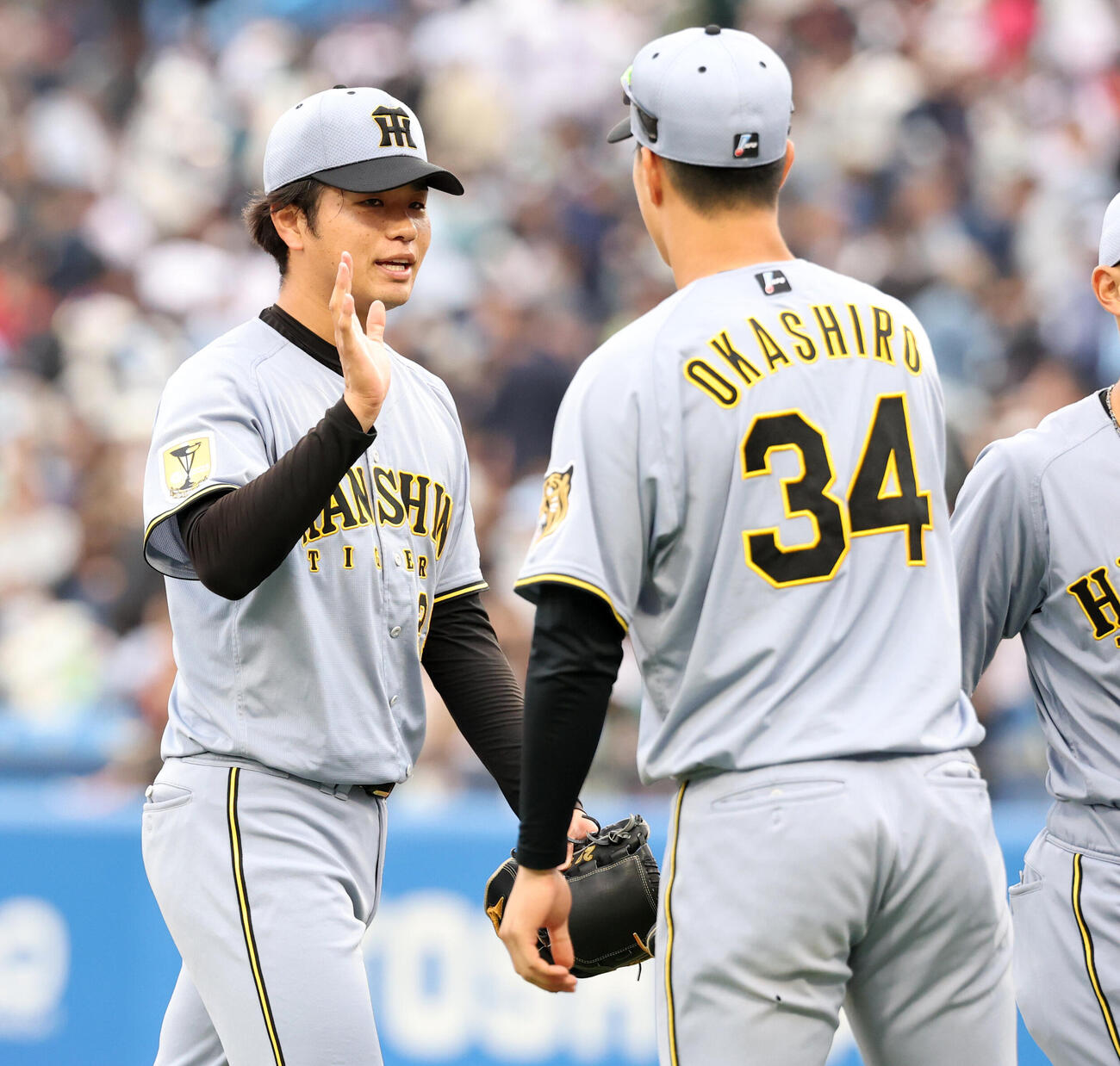 ヤクルト対阪神　9回裏ヤクルト1死一塁、増田珠を併殺に仕留め完封勝利を決めた高橋遥人は岡島快生と笑顔bでハイタッチ（撮影・浅見桂子）