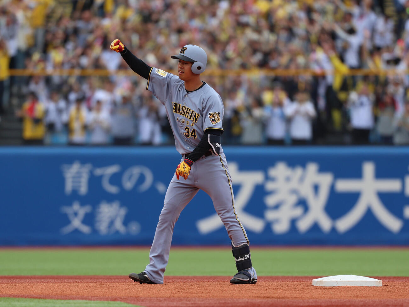 ヤクルト対阪神　3回表阪神2死一塁、プロ初安打を適時二塁打で決めガッツポーズする岡城快生（撮影・水谷安孝）