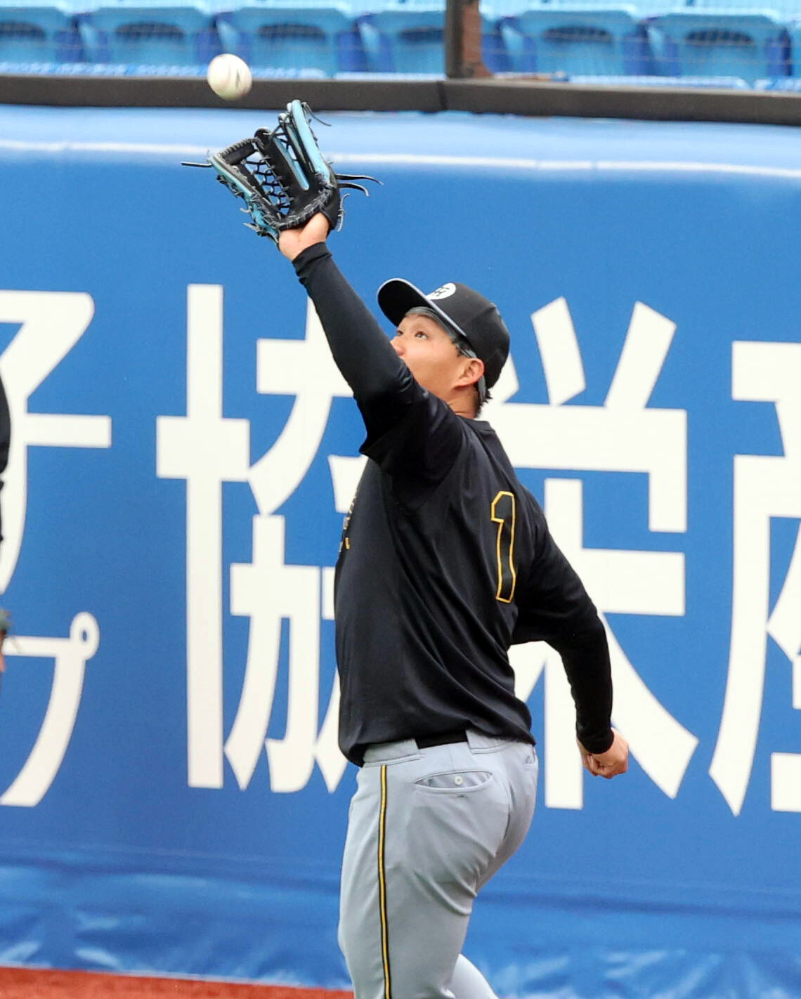 ヤクルト対阪神　外野ノックを受ける阪神森下翔太（撮影・浅見桂子）