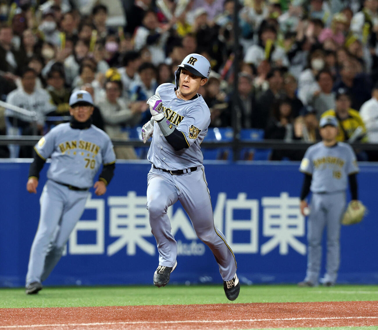 ヤクルト対阪神　3回表阪神2死二塁、伏見寅威の適時打で、二塁走者小幡竜平は一気に本塁を突いて生還（撮影・浅見桂子）