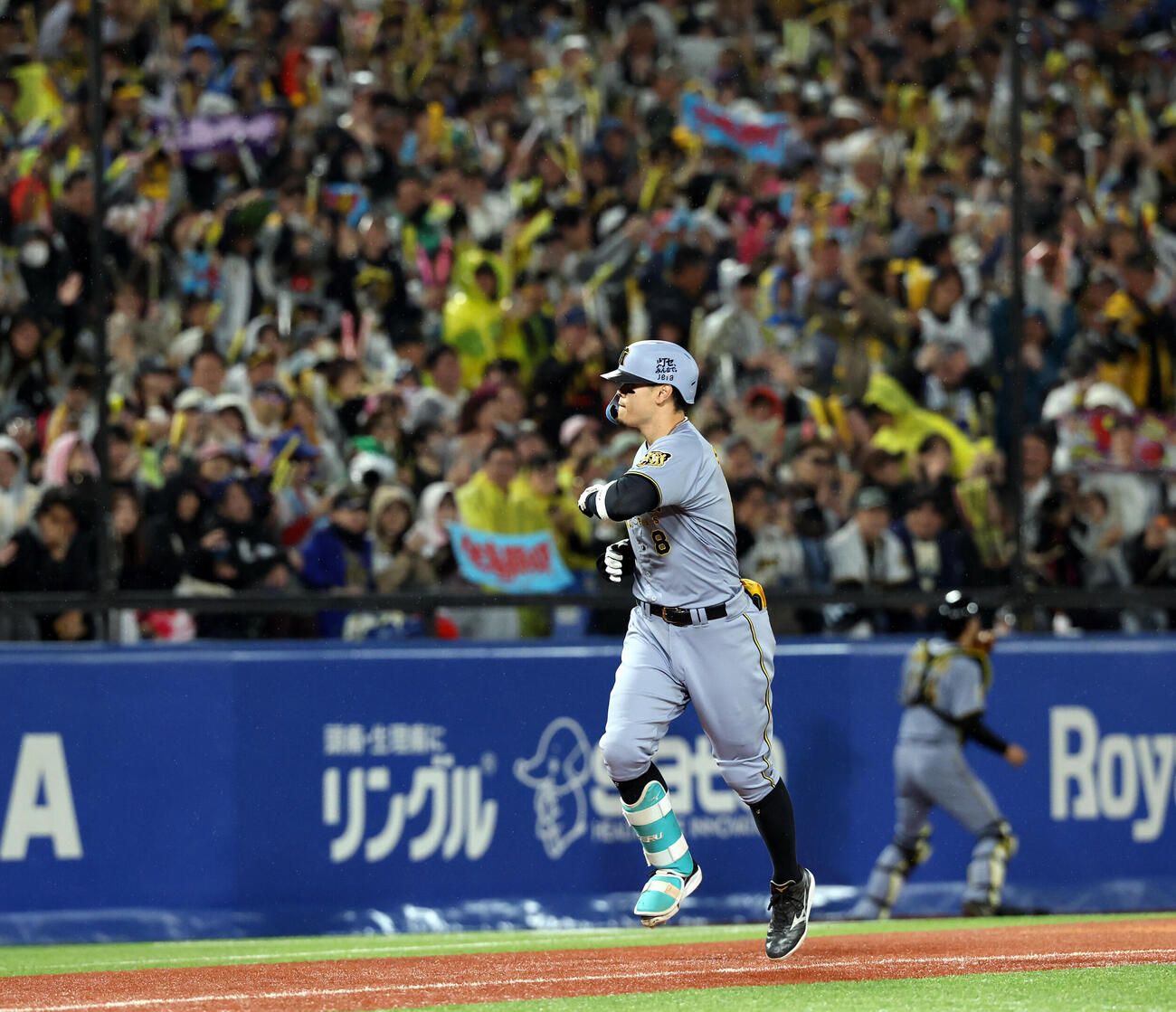 ヤクルト対阪神　7回表阪神1死、佐藤輝明はソロ本塁打を放ち喜ぶスタンドを背にベンチにポーズで三塁を回る（撮影・浅見桂子）