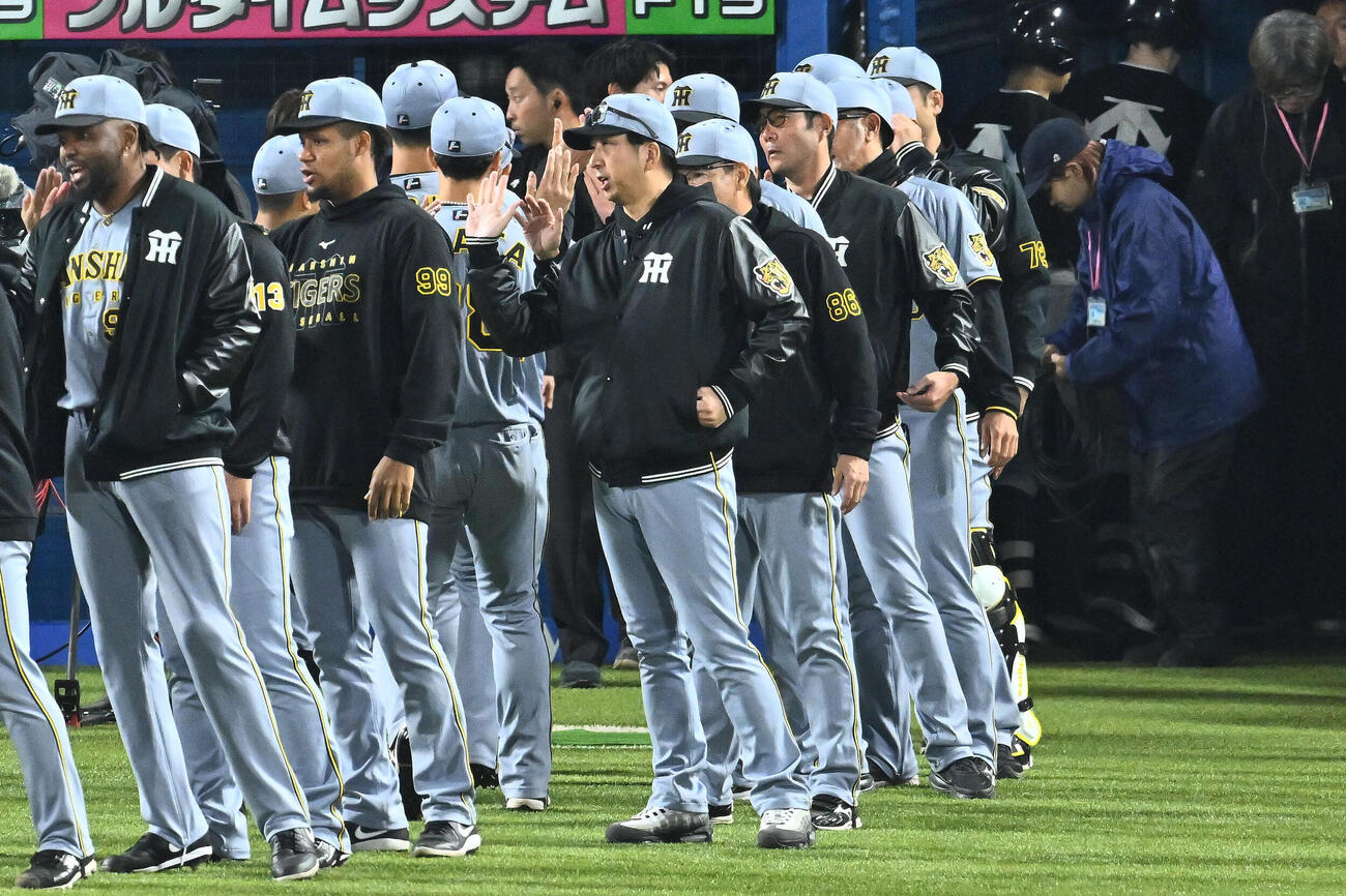 ヤクルト対阪神　試合に勝利し選手を迎える阪神藤川球児監督（中央）（撮影・滝沢徹郎）