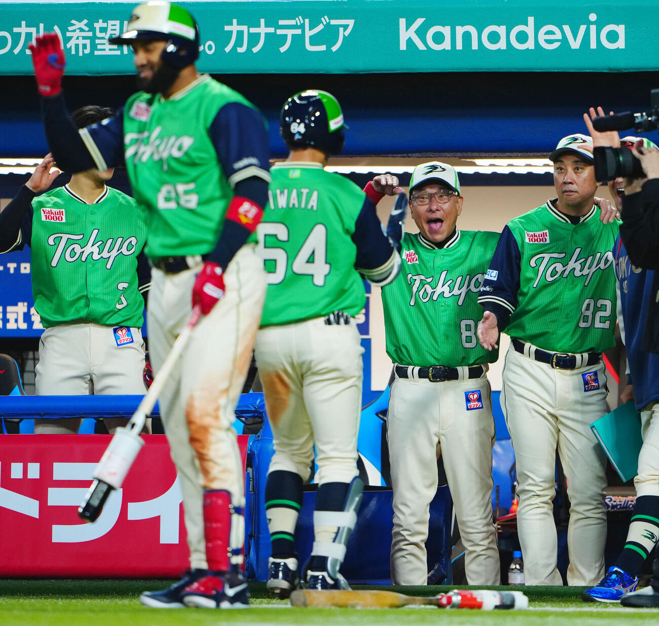 ヤクルト対DeNA 2回裏ヤクルト1死一塁、2点本塁打を放った岩田幸宏（中央左）を出迎える池山隆寛監督（同右）（撮影・垰建太）