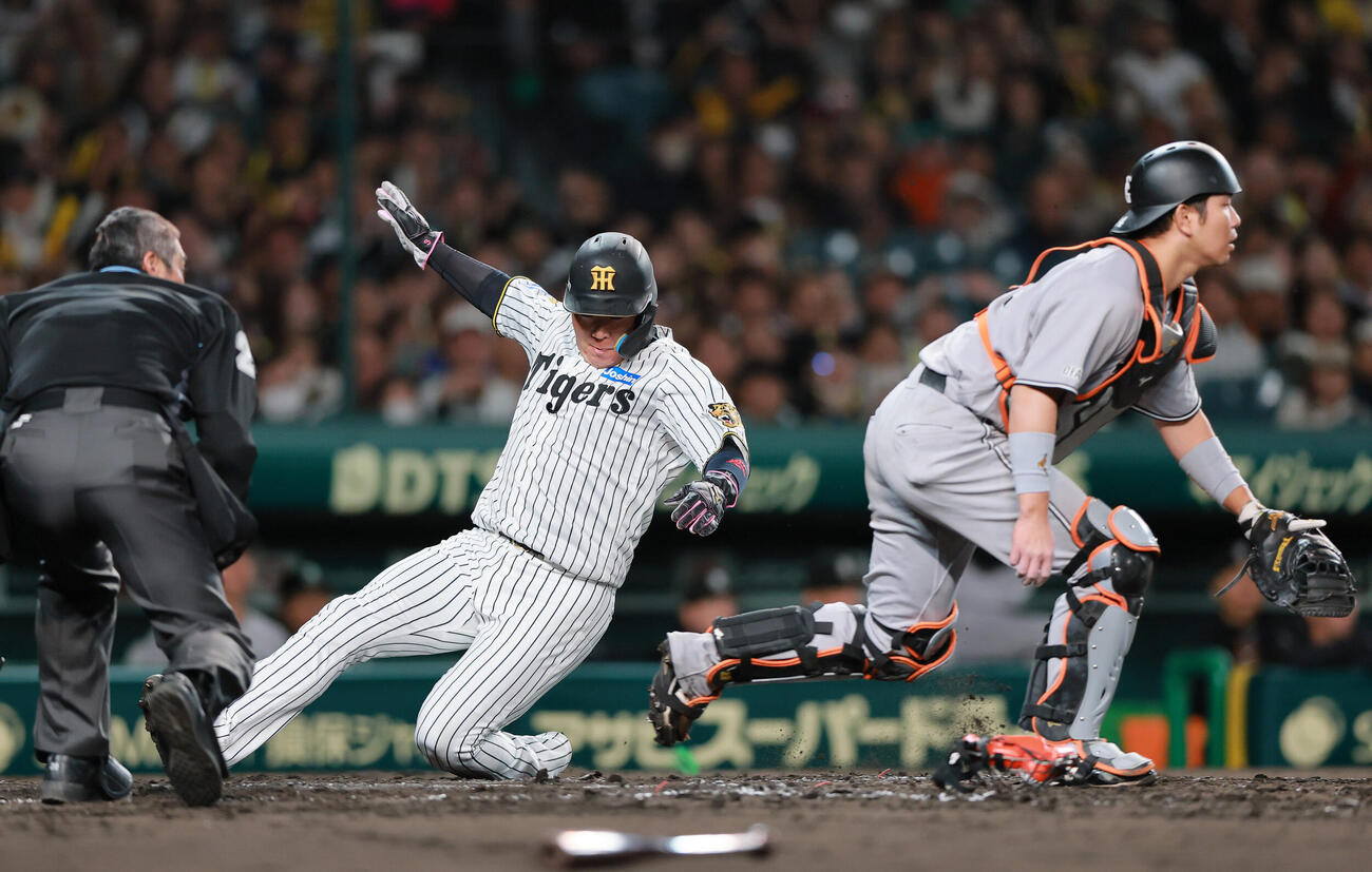 阪神対巨人　3回裏阪神2死満塁、坂本誠志郎の2点適時打で生還する二走大山悠輔（中央）。捕手大城卓三（撮影・上山淳一）..