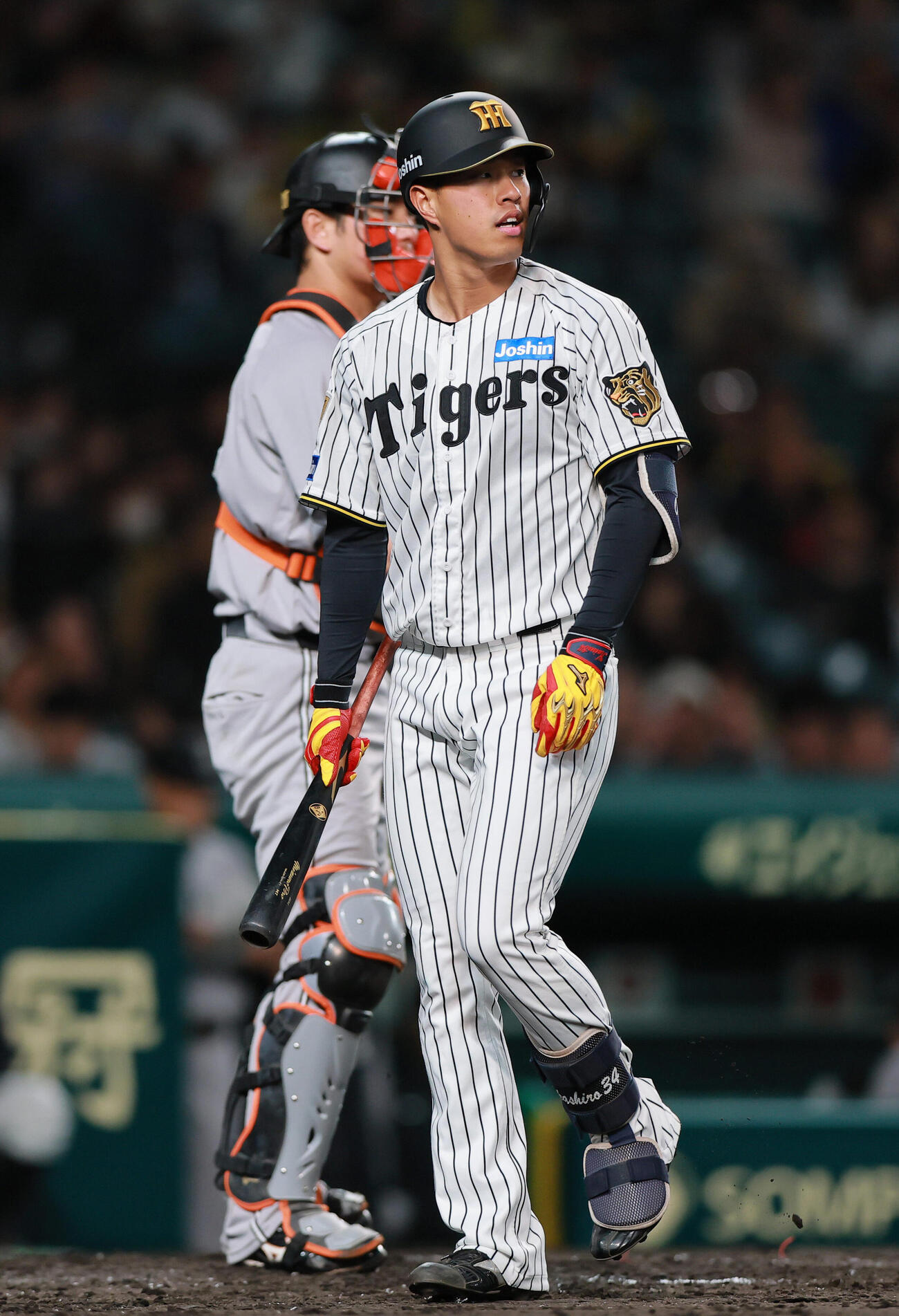 阪神対巨人　4回裏阪神1死、岡城快生（手前）は空振り三振に倒れる（撮影・上山淳一）..
