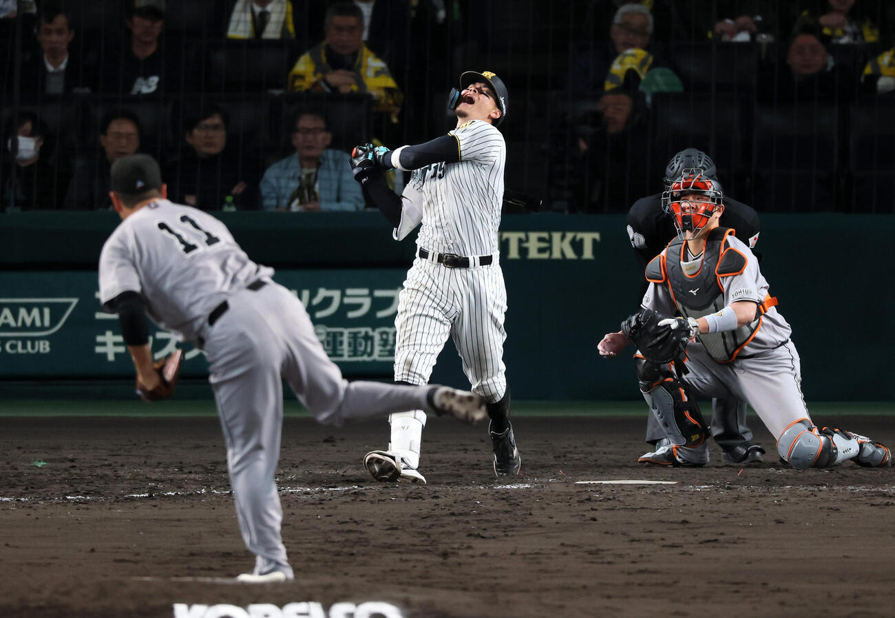 阪神対巨人　5回裏阪神1死、三振に倒れる佐藤輝明。投手田中将大　（撮影・加藤哉）