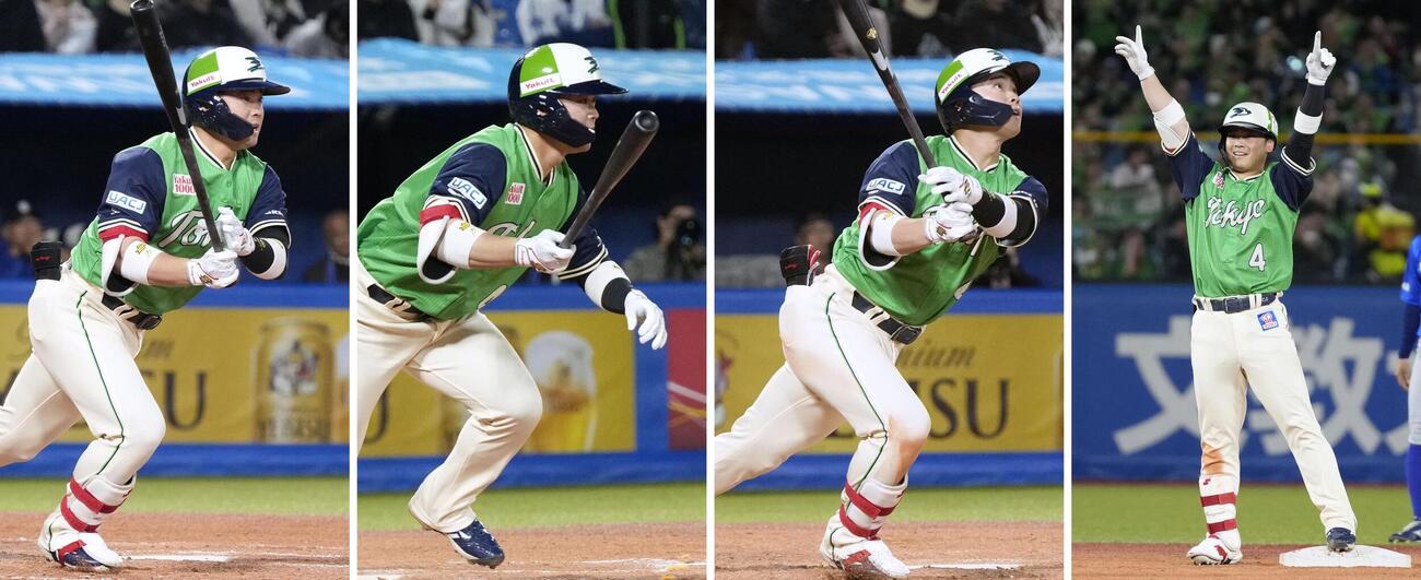 サイクル安打を達成したヤクルト・丸山和。左から、2回の右前打、4回の右中間三塁打、5回の右越え本塁打、7回二塁打を放ち塁上で喜ぶ＝神宮（共同）