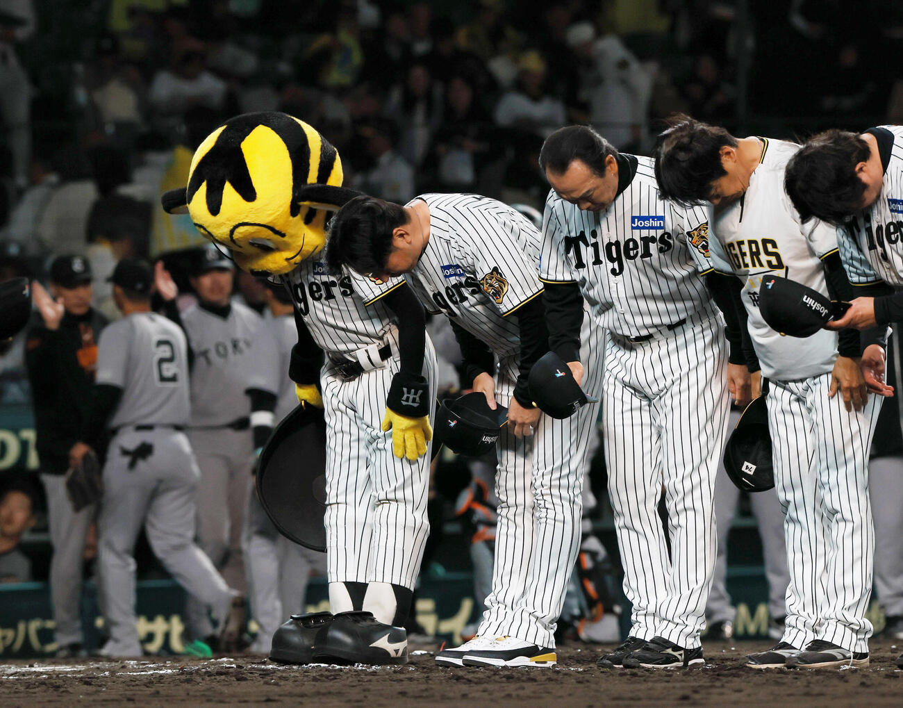 阪神対巨人　グラウンドに整列しファンにあいさつする阪神藤川球児監督（左）ら（撮影・上山淳一）