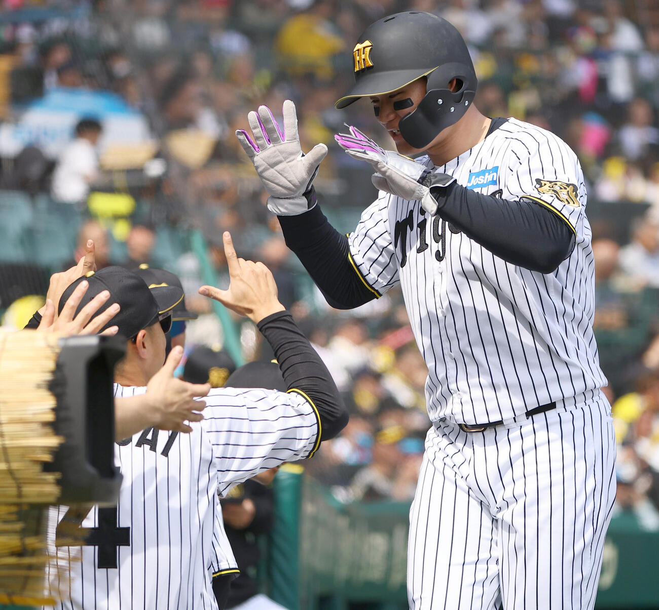 阪神対巨人　1回裏阪神2死二塁、佐藤輝明の先制適時二塁打で生還した森下翔太はナインの出迎えを受ける（撮影・上田博志）
