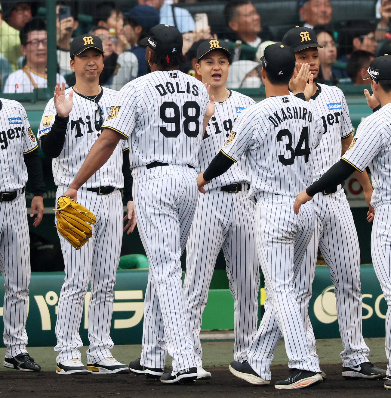 阪神対巨人　巨人に勝利しナインを迎える阪神大竹耕太郎。左は藤川球児監督（撮影・加藤哉）