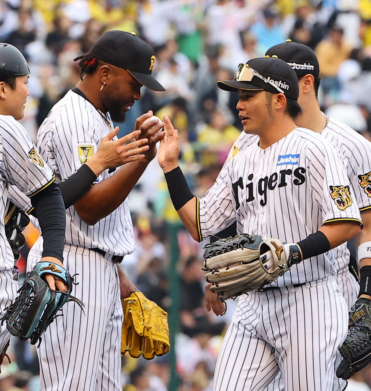 阪神対巨人　100セーブをあげたラファエル・ドリス（左）は小野寺暖から勝利球を受け取る（撮影・上田博志）