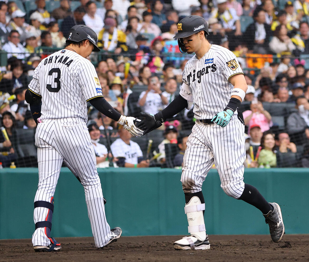阪神対巨人　8回裏阪神無死、ソロ本塁打を放った佐藤輝明（右）は大山悠輔の出迎えを受ける（撮影・上田博志）
