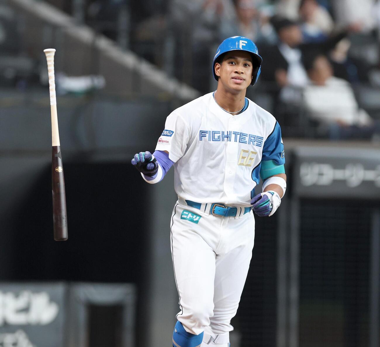 日本ハム対オリックス　6回裏日本ハム2死、本塁打を放つ万波中正（撮影・黒川智章）