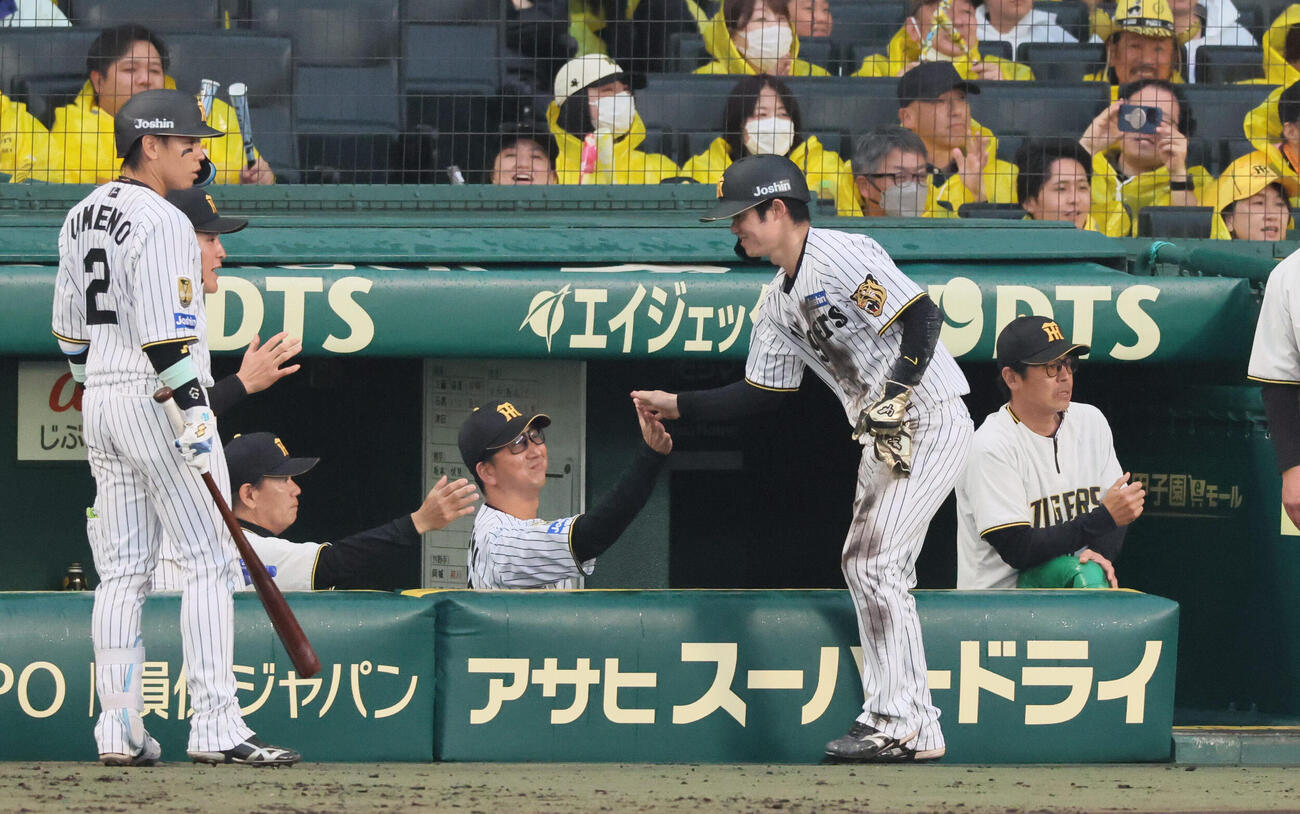 阪神対巨人　6回裏阪神2死満塁、打者阪神小幡竜平の時、巨人井上温大の暴投と大城卓三の後逸て生還した中野拓夢（右）を迎える阪神藤川球児監督（撮影・宮崎幸一）