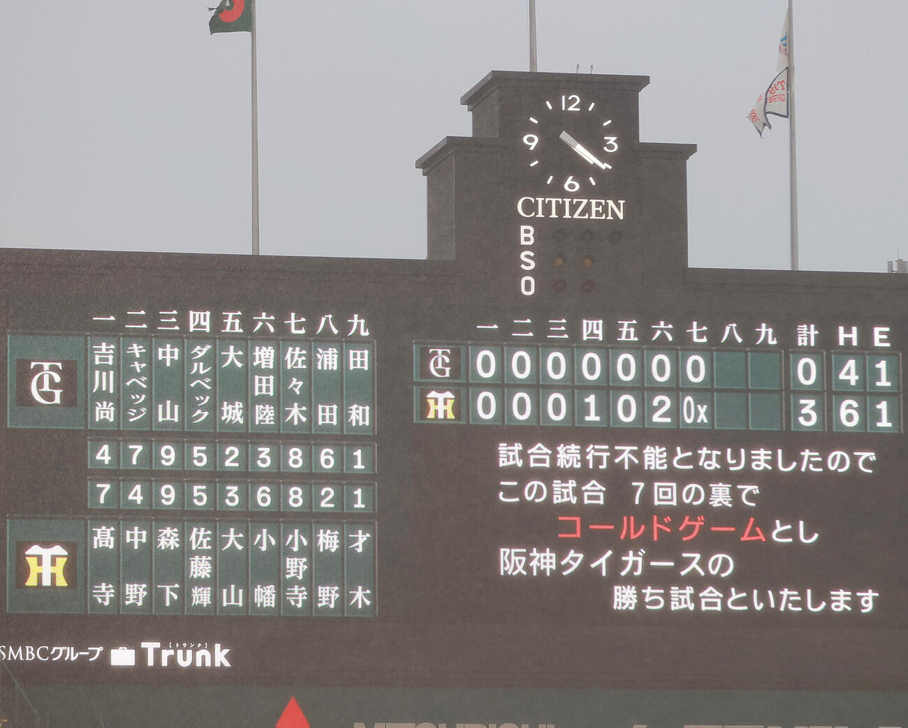 阪神対巨人　降雨コールドゲームとなった甲子園球場（撮影・上山淳一）..