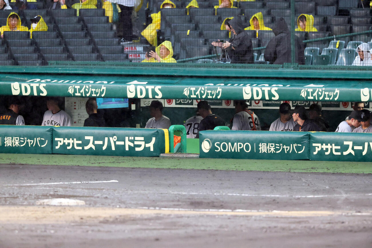 阪神対巨人　7回裏阪神2死満塁、打者佐藤輝明の場面で雨が強まりコールドゲームとなり、引き揚げる巨人ナイン（撮影・宮崎幸一）