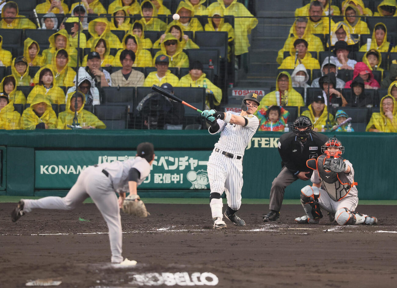 阪神対巨人　4回裏阪神1死一塁、阪神佐藤輝明は先制適時三塁打を放つ（撮影・宮崎幸一）